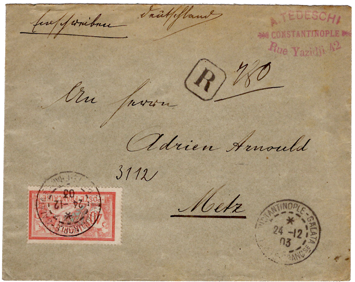 1 MERSON 40C LEVANT LETTRE REC + VERSO BLANC 2C BANDE DE 5 BDF CONSTANTINOPLE GALATA 1903 POUR METZ