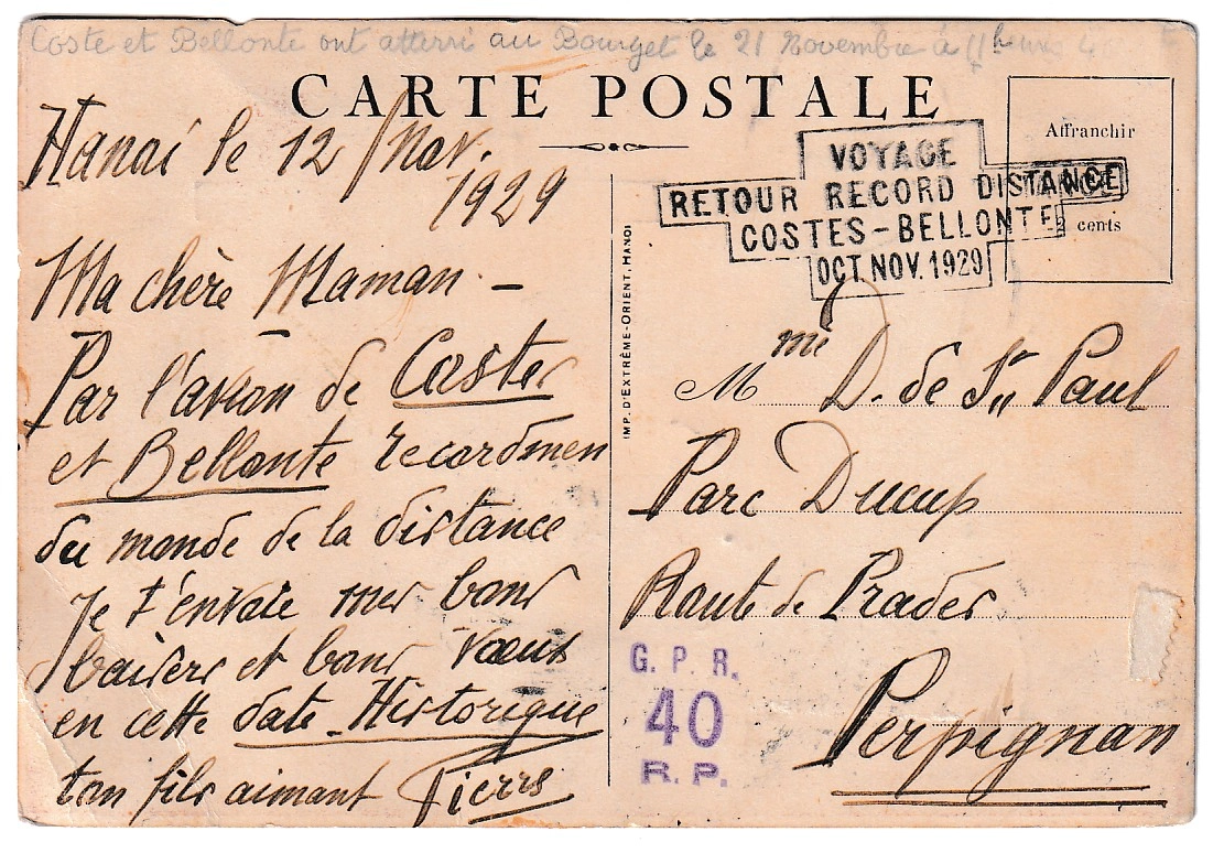 1 CARTE RETOUR RECCORD DE DISTANCE 1929 COSTES ET BELLONTE HANOI INDOCHINE AUTOGRAPHE BELLONTE