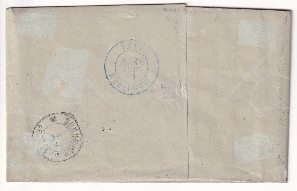 1 N°38 57 GC 532 BORDEAUX GIRONDE POUR NEW ORLEANS USA AU DOS PARIS ETRANGER EN BLEU 1874