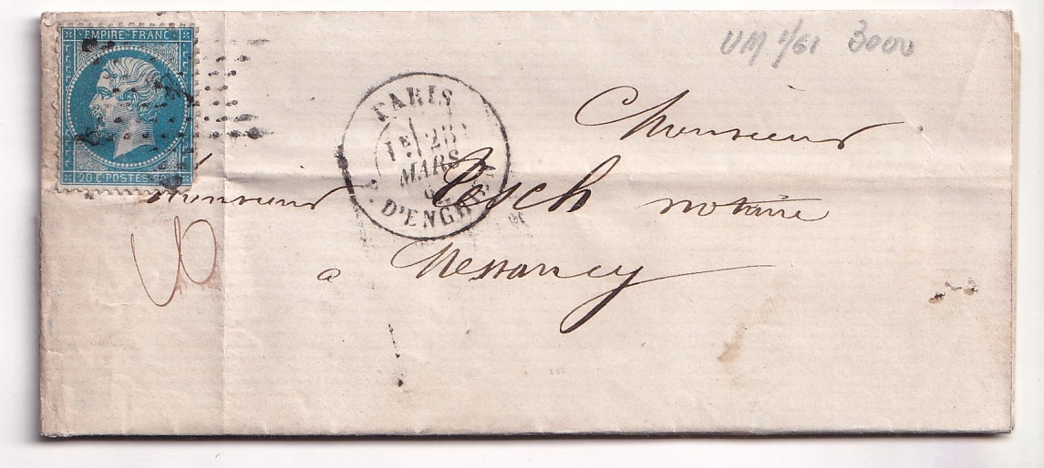 1 LETTRE DE PARIS EN REBUT AU DOS GRIFFE EN BLEU DIR GAL DES POSTES OUVERTE LOI DU 19 NOV 1790 ADRESSE INCOMPLETE RARE