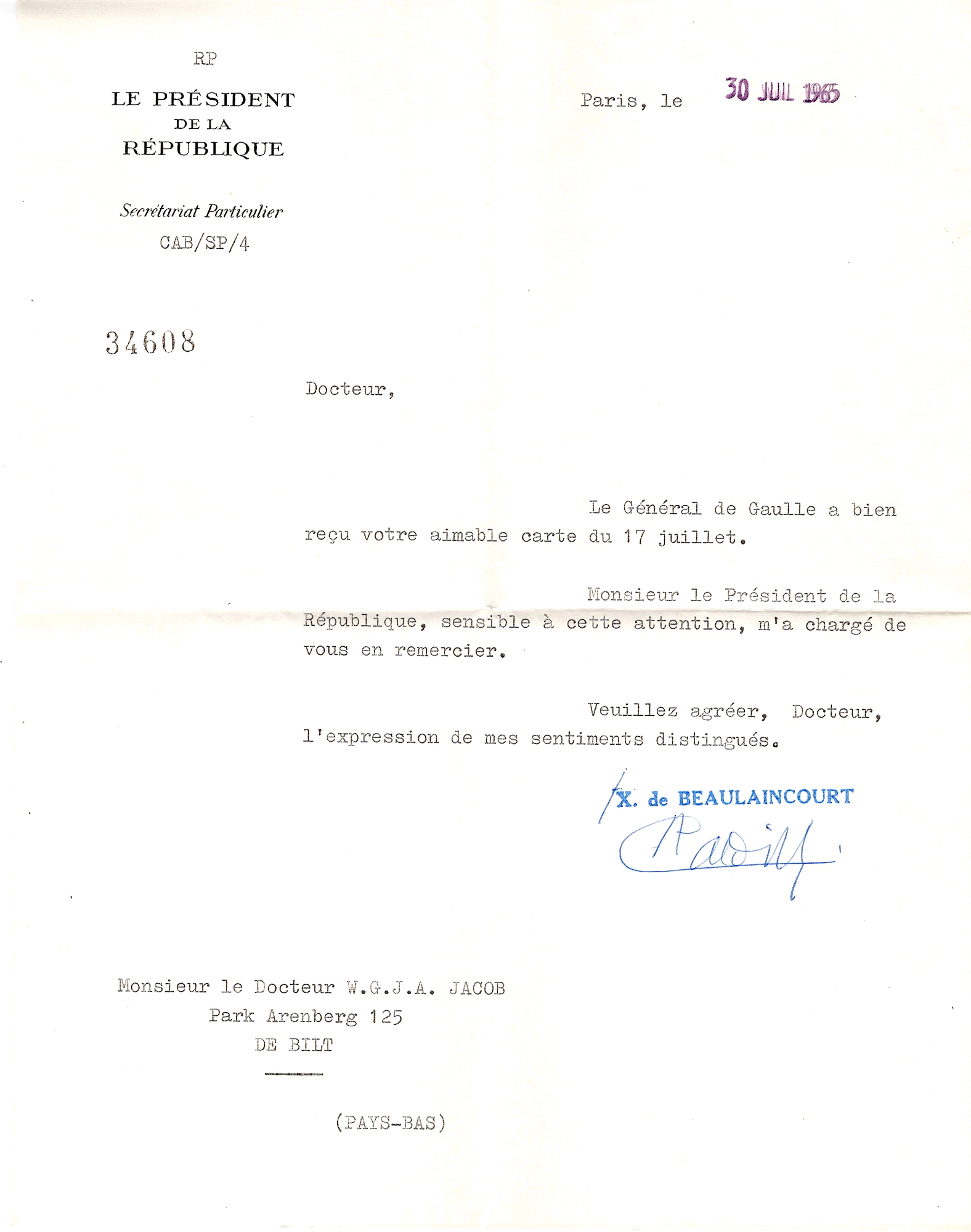 2 AIX 60C LETTRE +MEC PRESIDENCE REPUBLIQUE 1965 + TEXTE POUR PAYS BAS