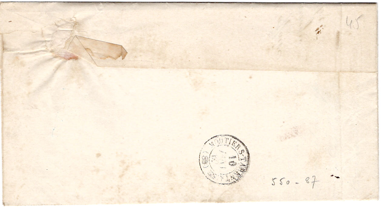1 FRANCE N° 14 BELLES MARGES PC 4203 TYPE 15 BOURG ST MAURICE 10 JANV 1862 LETTRE LANDRY COTE 190€