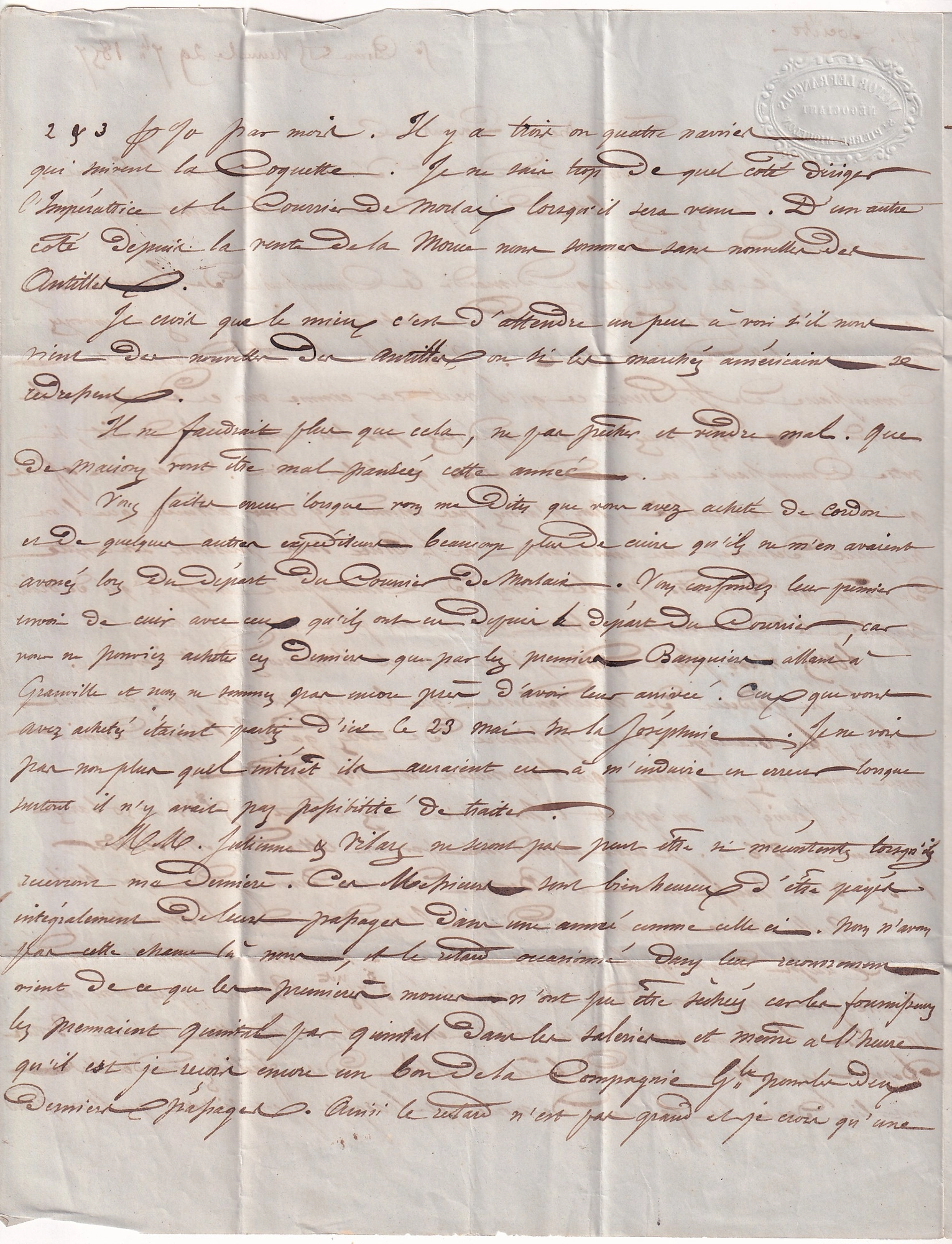 2 LETTRE DE SAINT PIERRE ET MIQUELON 1857 ENTREE OUTREMER PAR GRANVILLE POUR GRANVILLE MANCHE RARE TAXE DT RARE