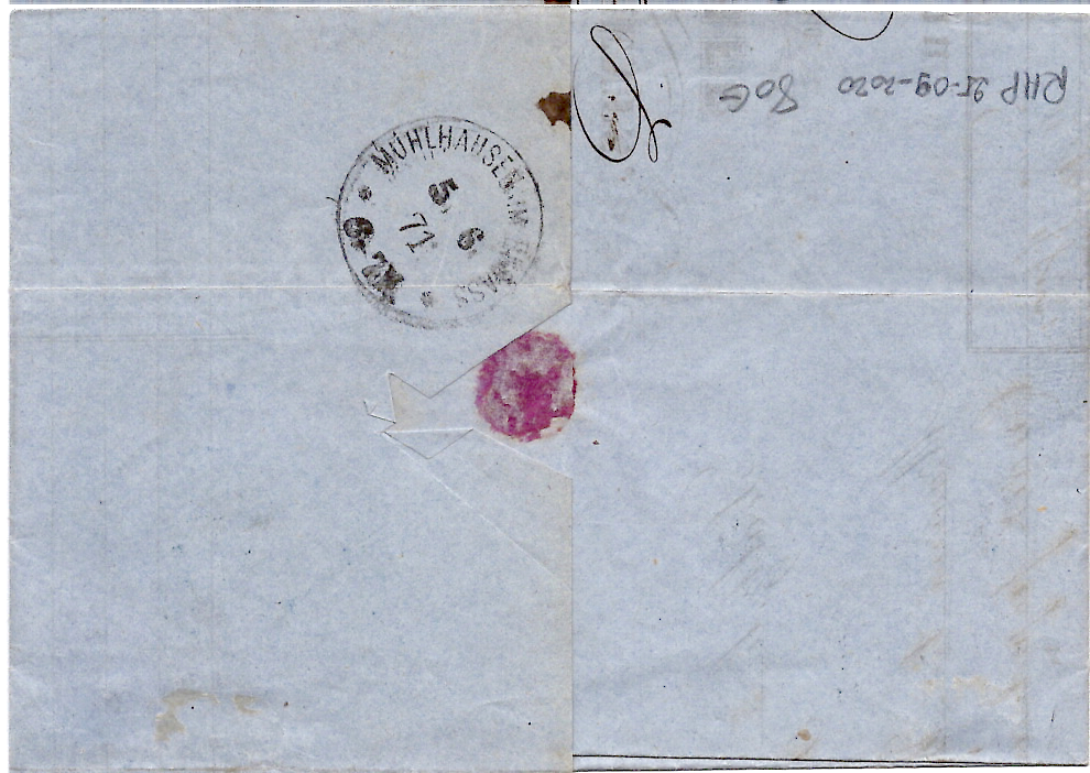1 ALSACE 10C N° 5 LETTRE TAD OBER SULZ 5.6.1871 POUR MULHOUSE