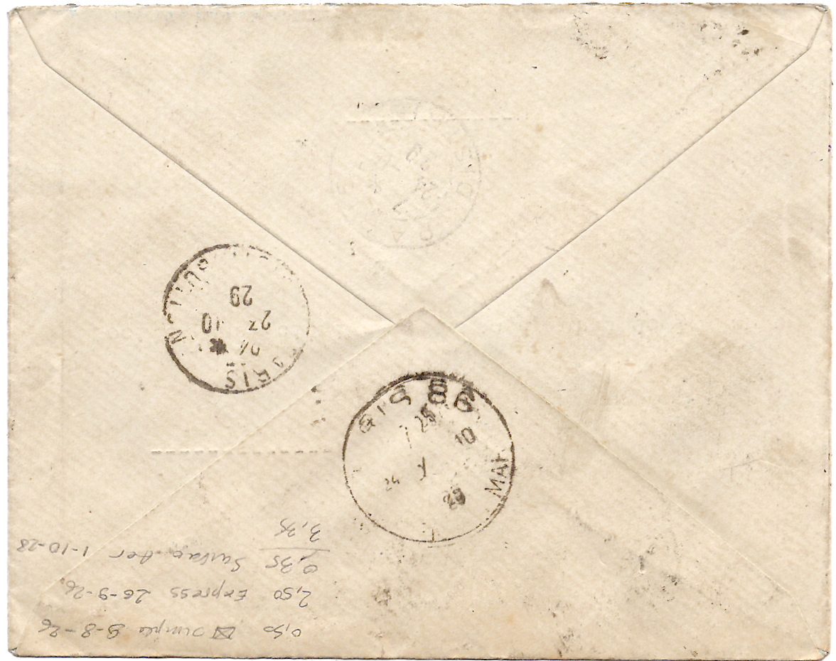 1 MERSON 2FR+ N°111+174+199+ 50C SEMEUSE PUB SHYB LETTRE EXPRES AVION STRASBOURG 1929 POUR PARIS