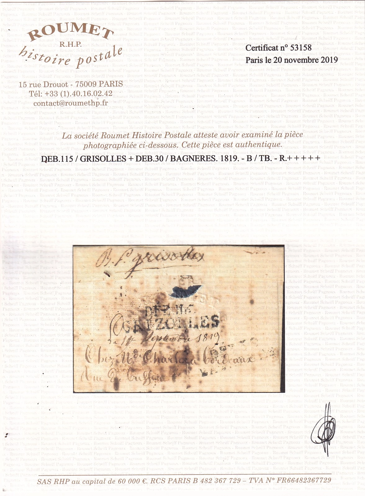 3 DOUBLE DEBOURSE DEB115 GRIZOLLES TARN ET GARONNE DEB 30 BAGNERES HAUTE MARNE CERTIFICAT RHP