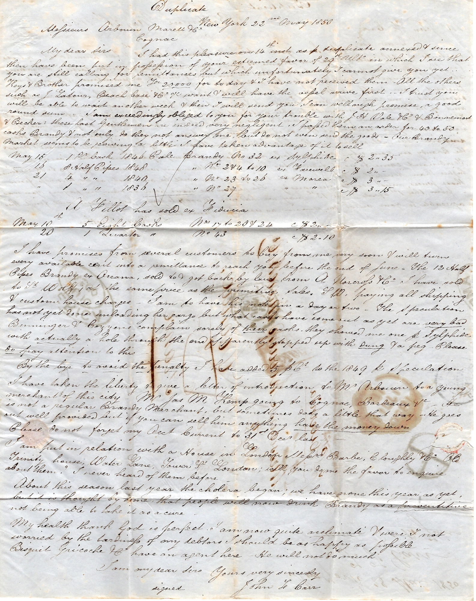 3 ETATS UNIS LETTRE BALTIMORE 1850 + AMERICA JUL 10 A 500 POUR COGNAC PAR HIBERNIA