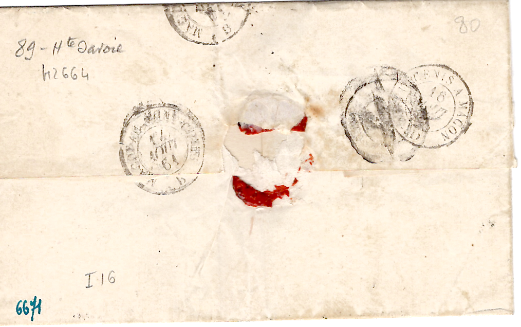 1 N° 14 PC 4244 TYPE 15 TANINGES 15 AOUT 1861 LETTRE OR SANS TEXTE
