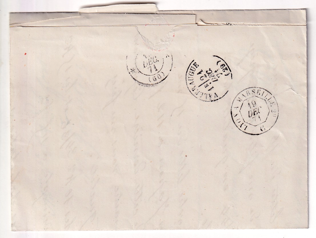 1 N°60 GC 1694 EN BLEU + CAD TYPE 16 EN BLEU GRAND COURONNE SEINE INFERIEURE POUR VALLERAUGUE GARD 18.02.1871