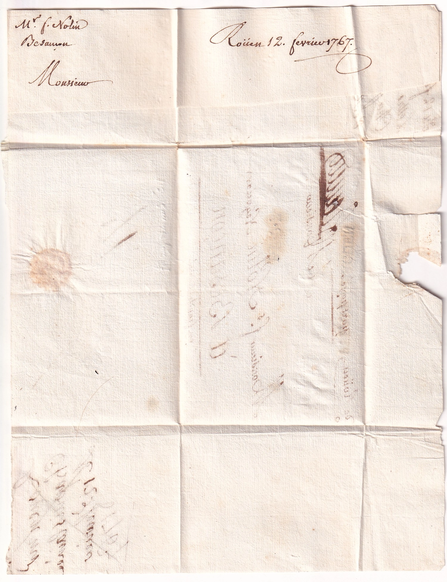 2 MARQUE PORT PAYE DE ROUEN SEINE INFERIEURE 1767 LENAIN N°21A INDICE 22 POUR BESANCON DOUBS