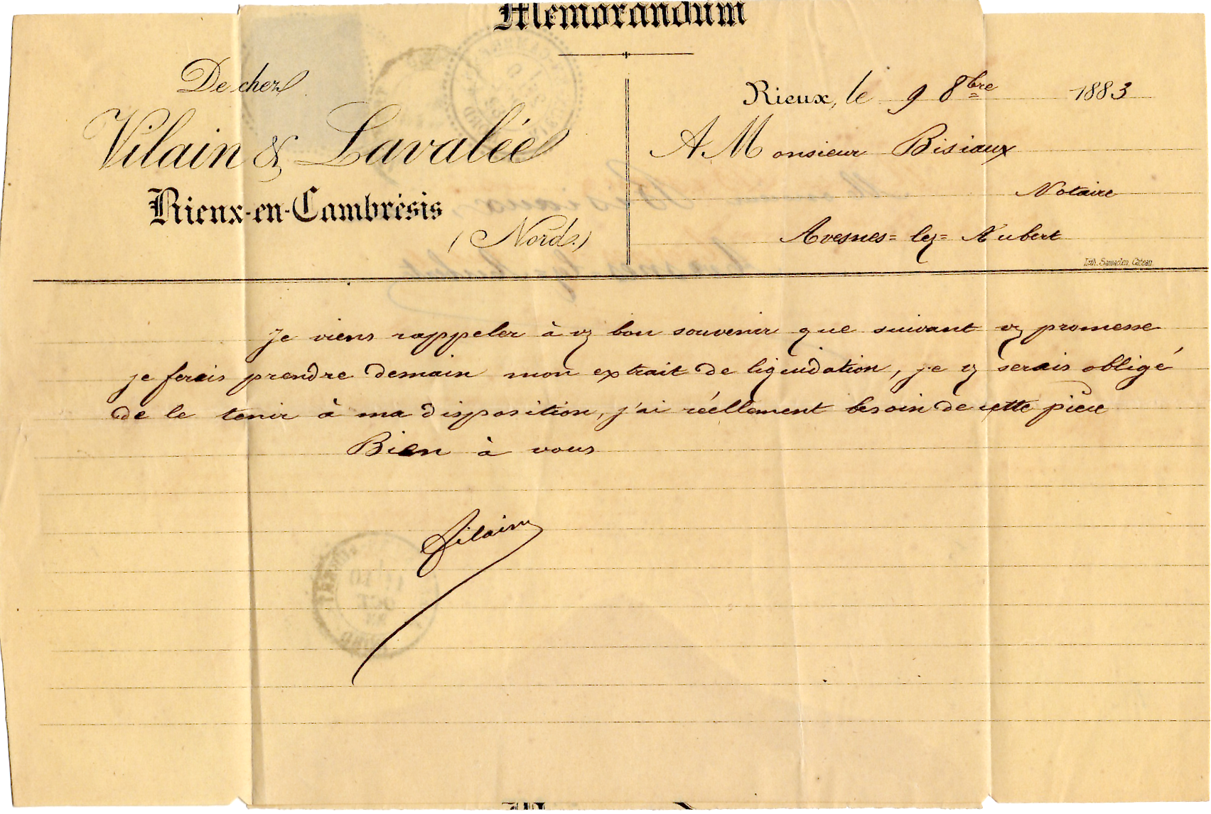 2 SAGE 15C LETTRE  MEMORANDUM TYPE 25 RIEUX EN CAMBRESIS 9 OCT 1883 NORD