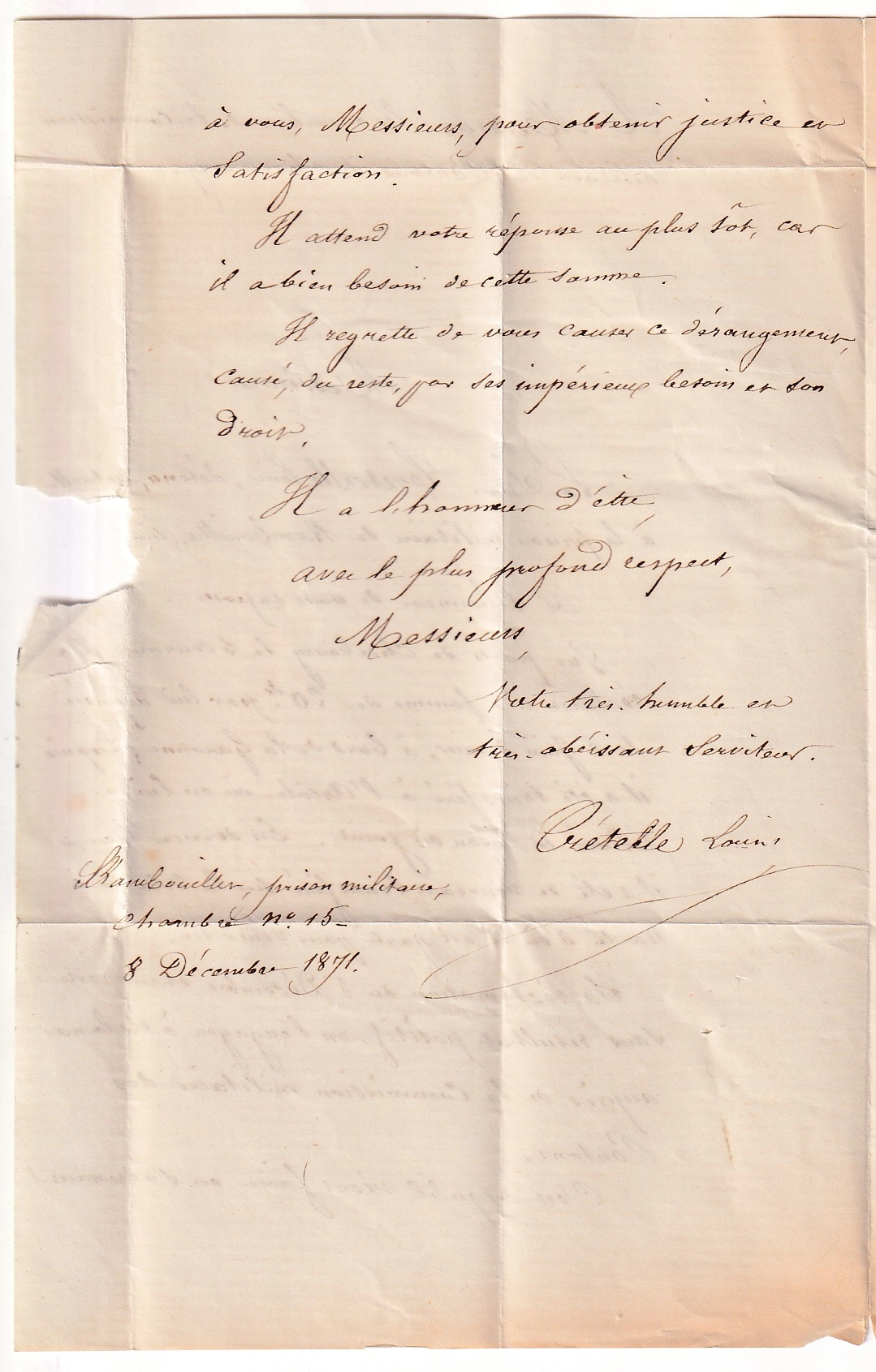 3 LETTRE ADRESSE A LA COMMISSION MILITAIRE DES PONTONS A CHERBOURG MANCHE ECRITE DE LA PRISON MILITAIRE DE RAMBOUILLET 8 DEC 1871 AU SUJET DU PONTON LA GARONNE N°20 X5 POUR VERSAILLES COMMUNE DE PARIS