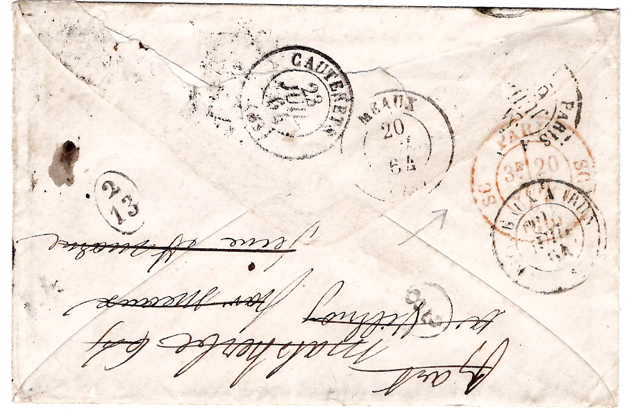 1 N° 21 ETOILE 20 PARIS R ST DOMque ST Gn°56 19 JUIL 1864 PETITE LETTRE TAXE 2 REEXP + PARIS SC ROUGE
