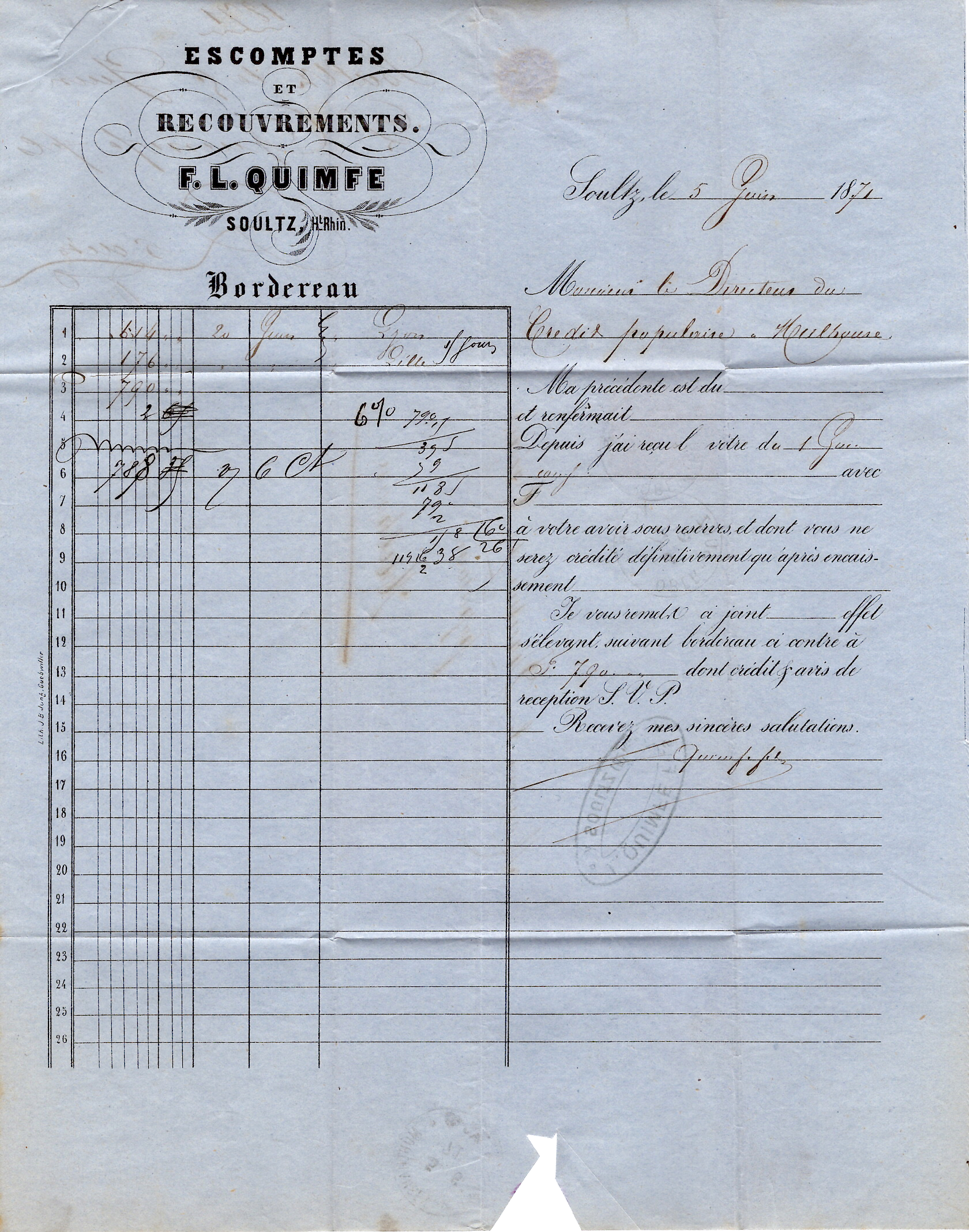 2 ALSACE 10C N° 5 LETTRE TAD OBER SULZ 5.6.1871 POUR MULHOUSE