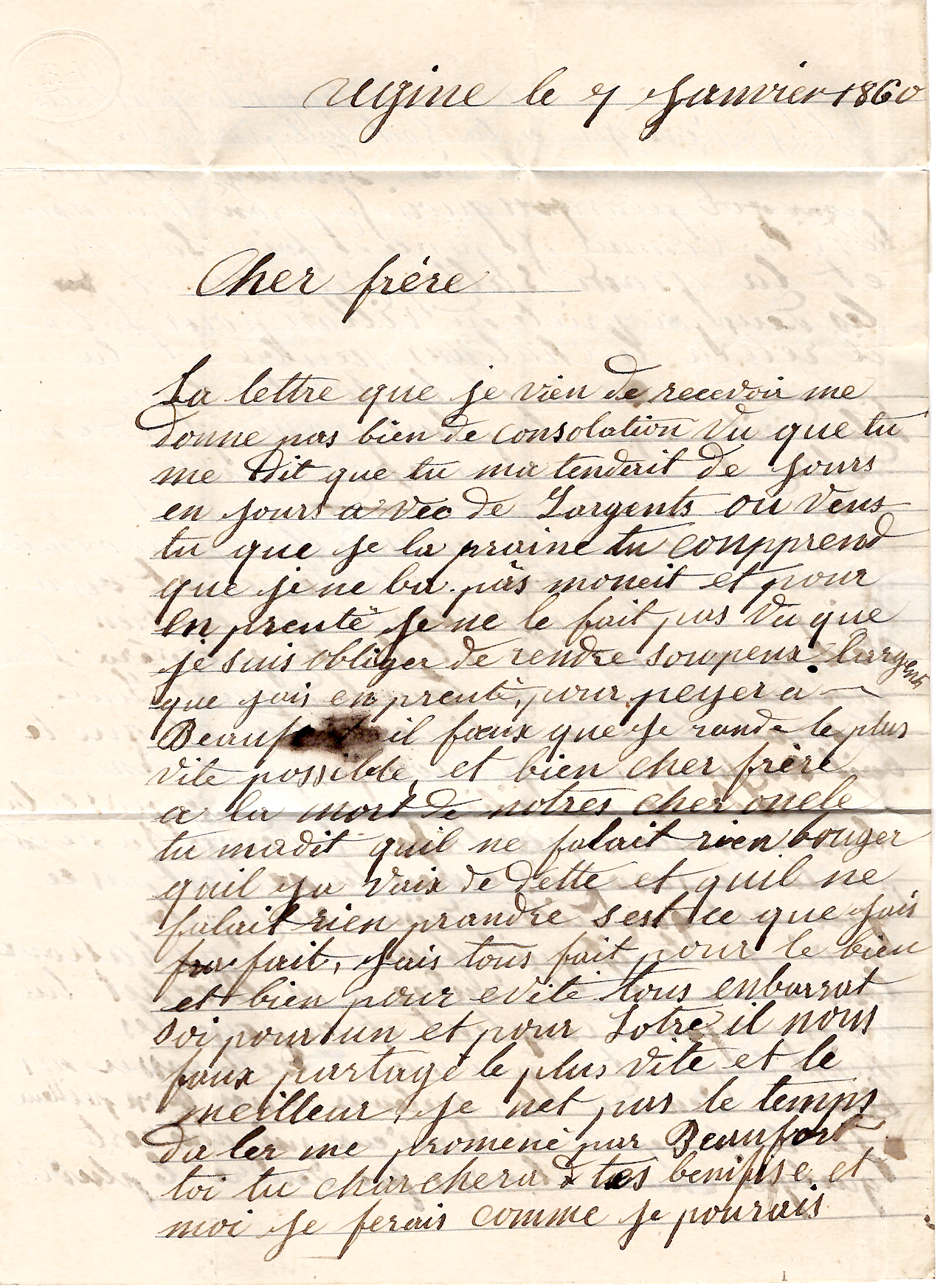 2 SARDE 20C LETTRE UGINE 8. JAN 1860 POUR BEAUFORT SAVOIE + CERTIFICAT