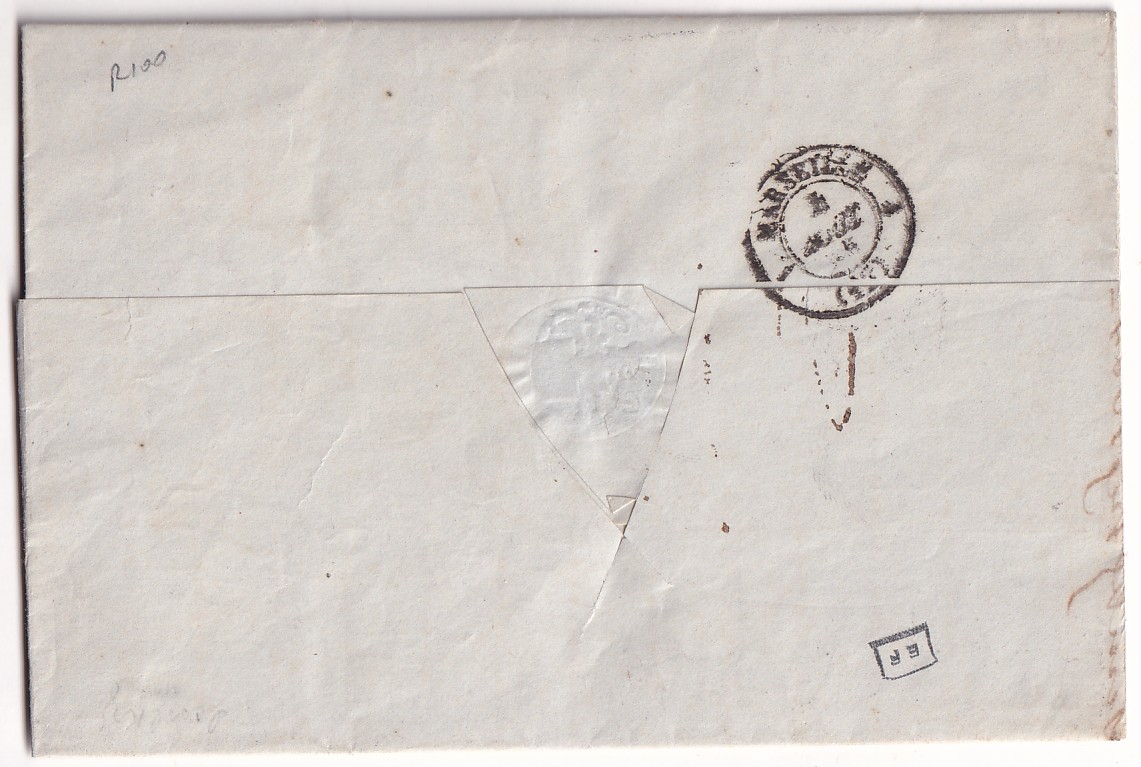 1 CAD THABOR PAQUEBOT MEDITERRANEE DEPART CONSTANTINOPLE TURQUIE 26 JUILLET 1855 POUR MARSEILLE TAXE 20 DOUBLE PORT
