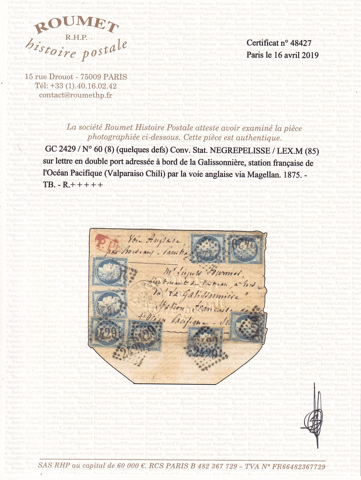 2 N°60 X8 CONVOYEUR STATION NEGREPELISSE TARN ET GARONNE POUR STATION FRANCAISE OACEAN PACIFIQUE VALPARAISO CHILI VOIE ANGLAISE VIA MAGELLAN CUIRRASE LA GALISSONNIERE