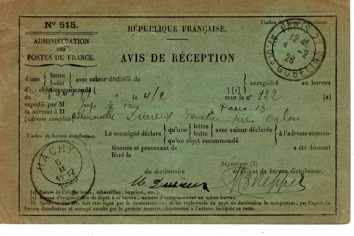 1 PASTEUR 1FR50 N° 181 SEUL CARTE VERTE AVIS DE RECEPTION PARIS 1928 POUR BELGIQUE AU TARIF