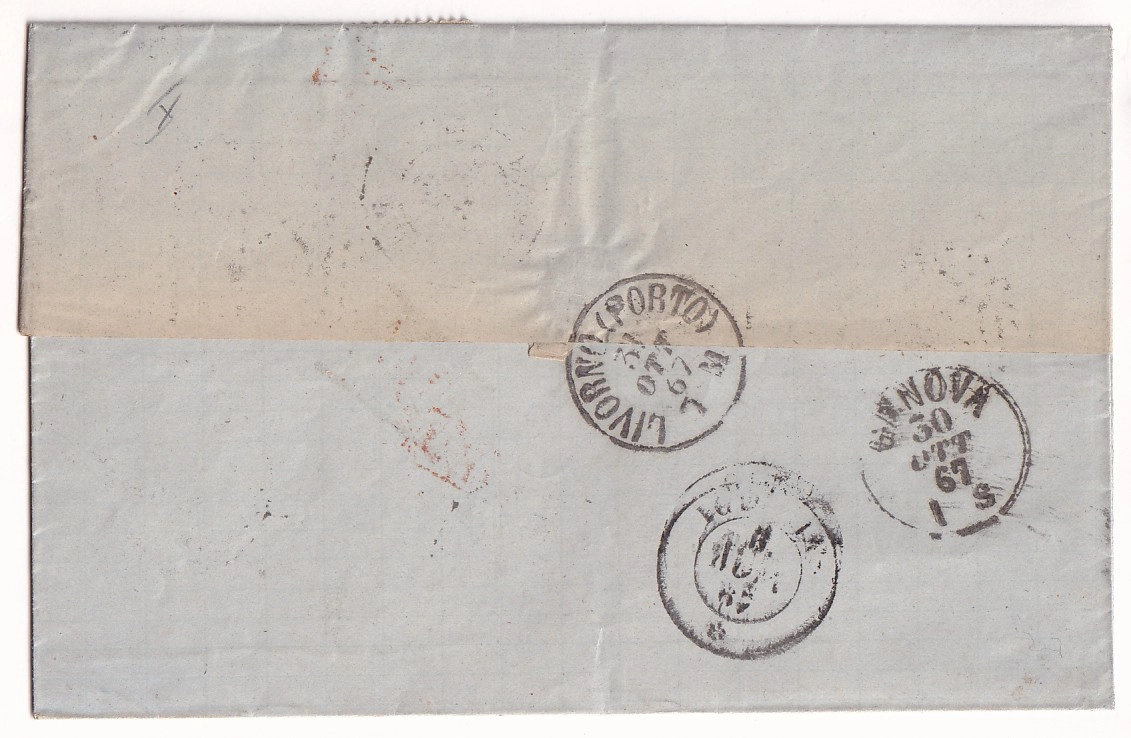 1 N°21 22 30 TRICOLORE PARIS PL DE LA BOURSE ETOILE 1 POUR IGLESIAS ILE DE SARDAIGNE ITALIE ITALIA SARDEGNA 1867