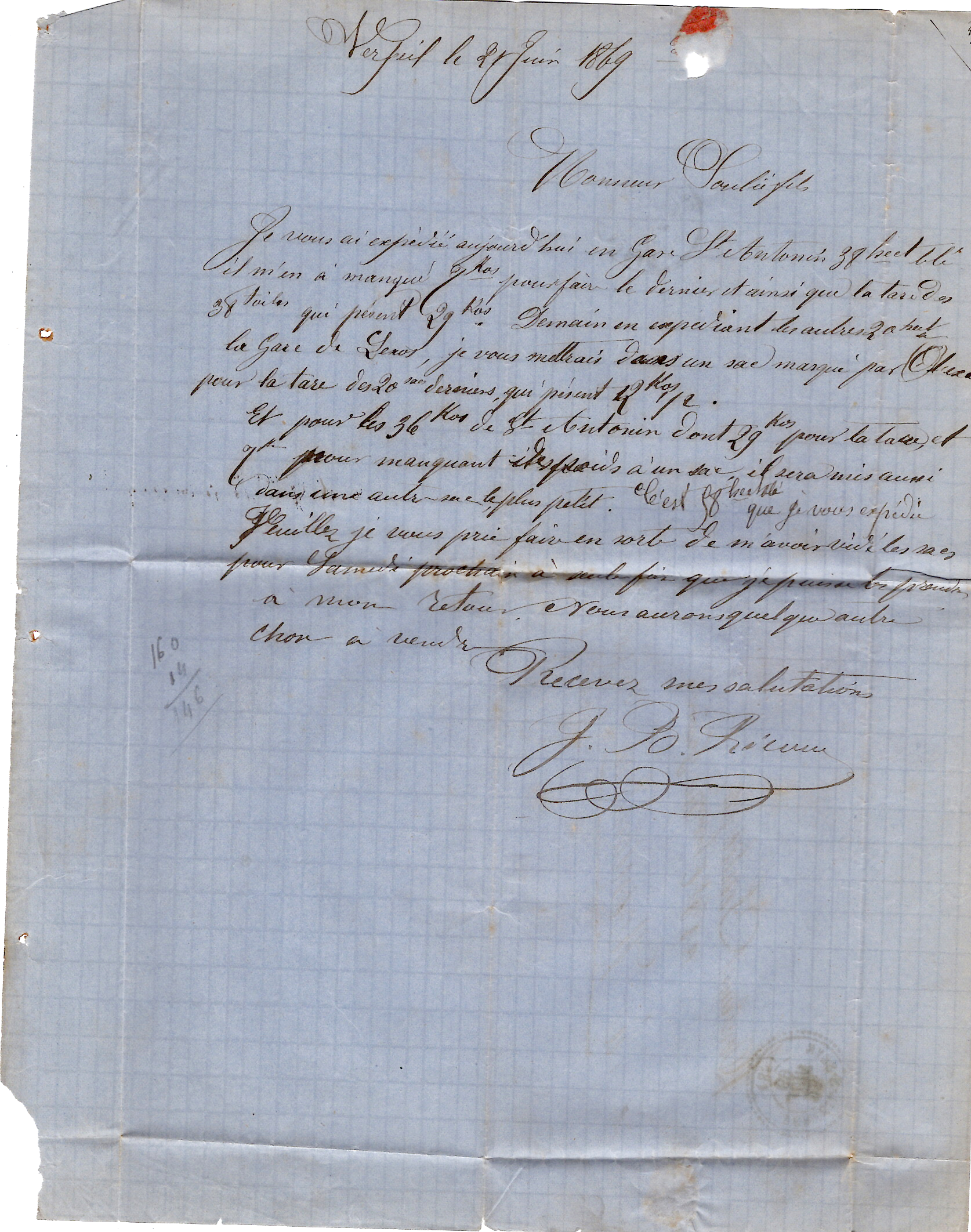 2 LAURE 20C LETTRE GC 4143 TYPE 22VERFEIL  S SEYE 23 JUIN 1869 (85) VENDEE COTE 240€