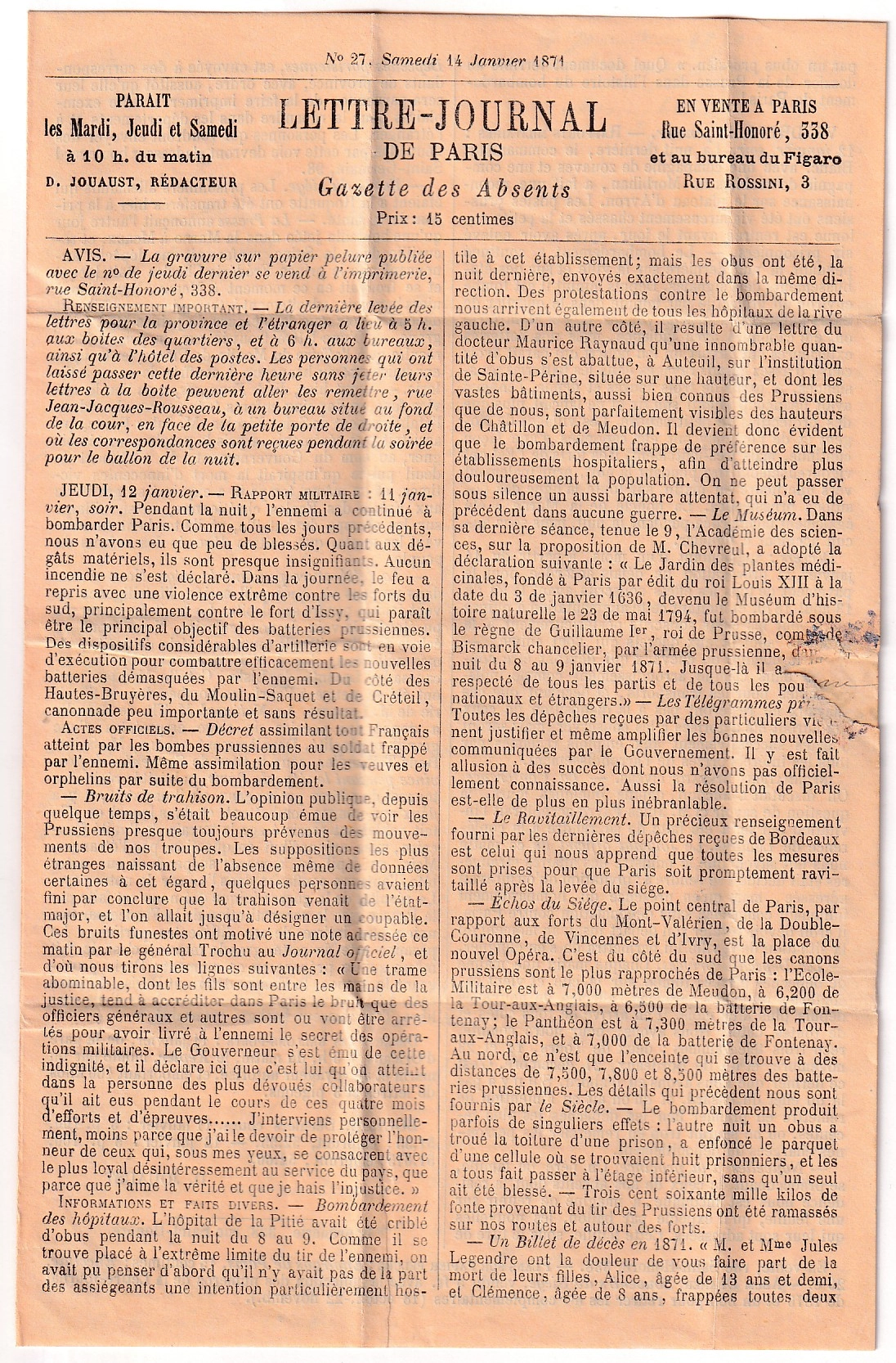 2 BALLON MONTE LA POSTE DE PARIS 16 JANV 1871 POUR NEGREPELISSE TARN ET GARONNE ARRIVE 29 JANVIER GAZETTE DES ABSENTS N°27