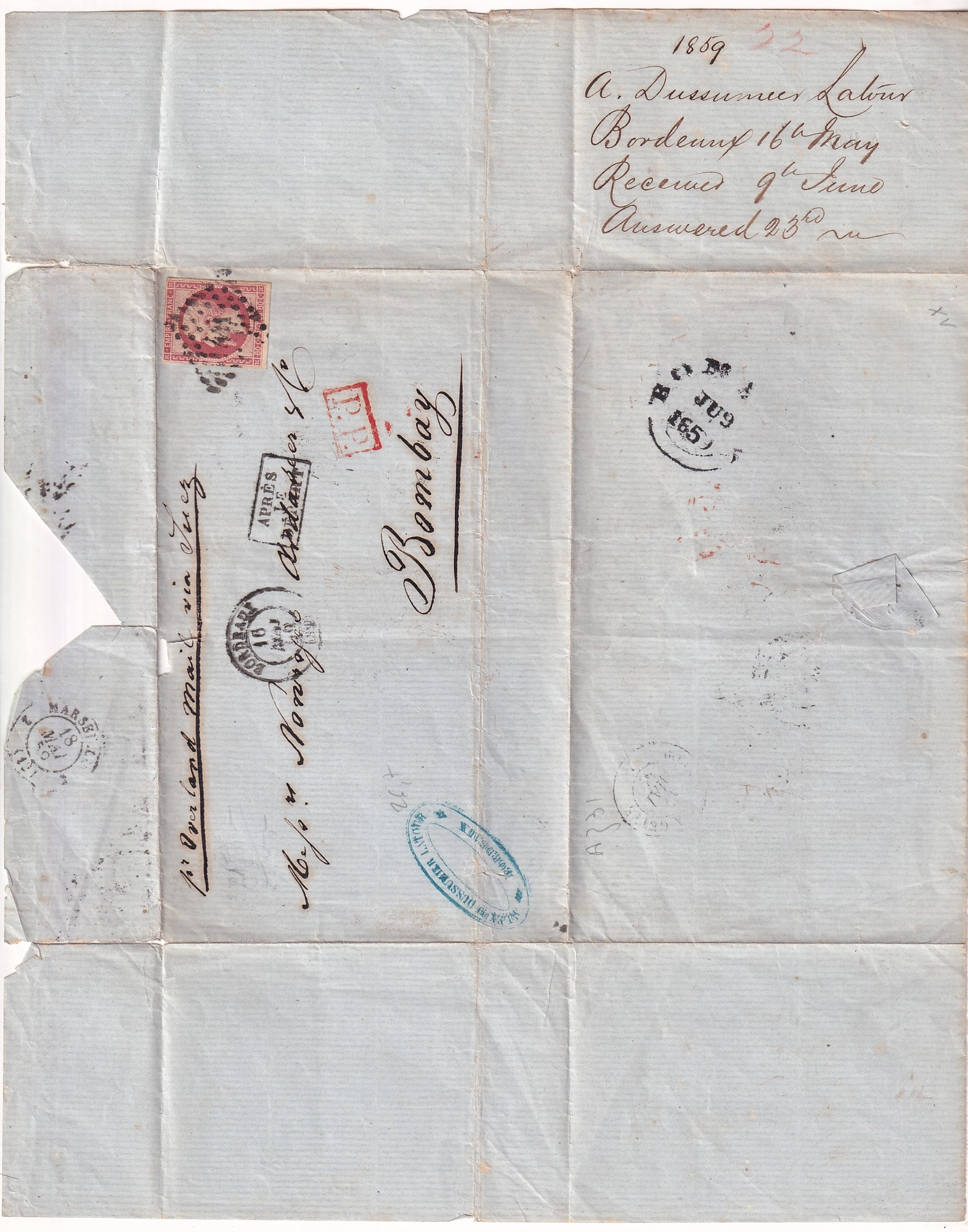 2 N°17B PC 441 BORDEAUX GIRONDE POUR BOMBAY INDE INDIA 1859 VIA SUEZ OVERLAND MAIL