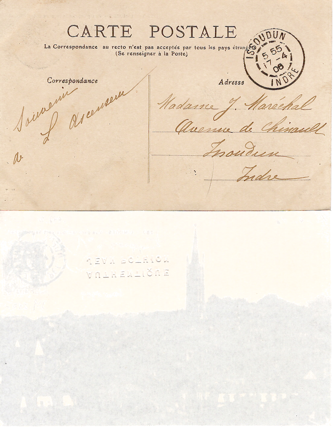1 BLANC 5C AU RECTO CARTE LIMOGES AMBULANT PERIGUEUX A GANNAT D 16 AVRIL 1906 + CERTIFICAT POTHION ALLIER DORDOGNE