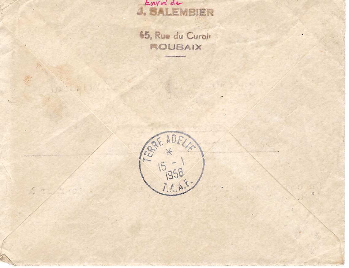 1 LYON 20FR SEUL LETTRE MEC ROUBAIX 1957 POUR TERRE ADELIE TERRES AUSTRALES TAAF
