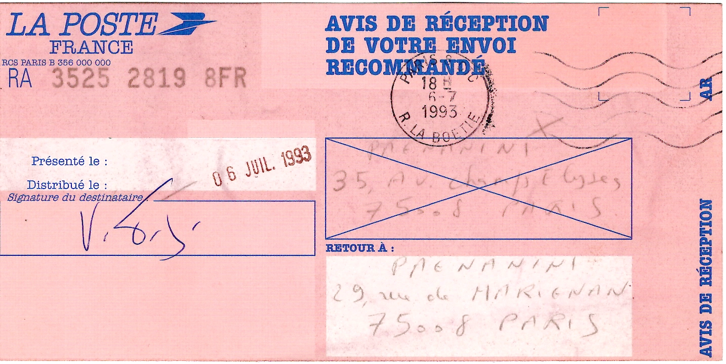 1 BRIAT 2FR50 ROUGE CARTE COMPLET COIN DATE LETTRE REC AR PARIS 3.7.1993